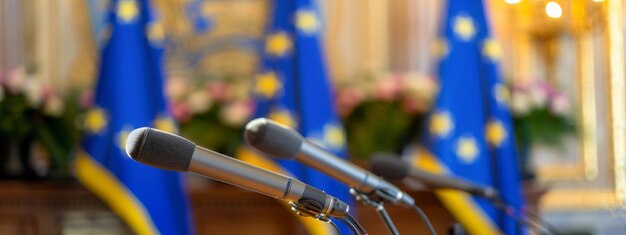 Tribune with microphones on the background of the EU flag Election announcement waiting room with c