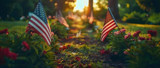 Foto tributo alle bandiere in onore degli eroi al tramonto concetto di apprezzamento militare siluette al tramonto tributo alla bandiera onore e rispetto ripresa fotografica patriottica