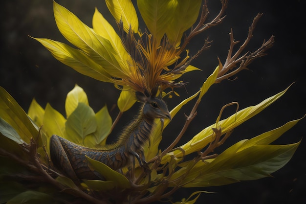 Triceratops vittatus in a tree with yellow flowers generative ai