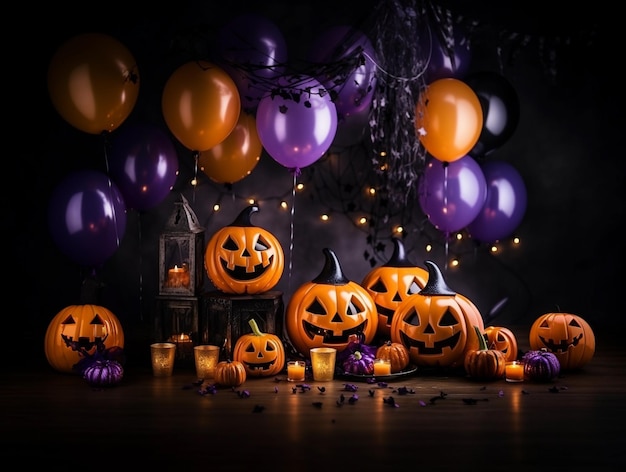 Trick or treat party and Pumpkin JackOLantern surrounded by halloween decor