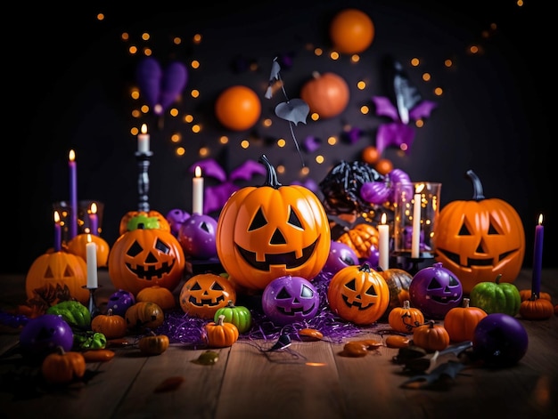 Trick or treat party and Pumpkin JackOLantern surrounded by halloween decor