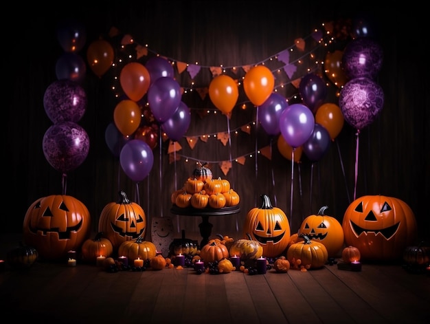 Вечеринка «Сладость или гадость» и Тыквенный ДжекОЛантерн в окружении хэллоуинского декора
