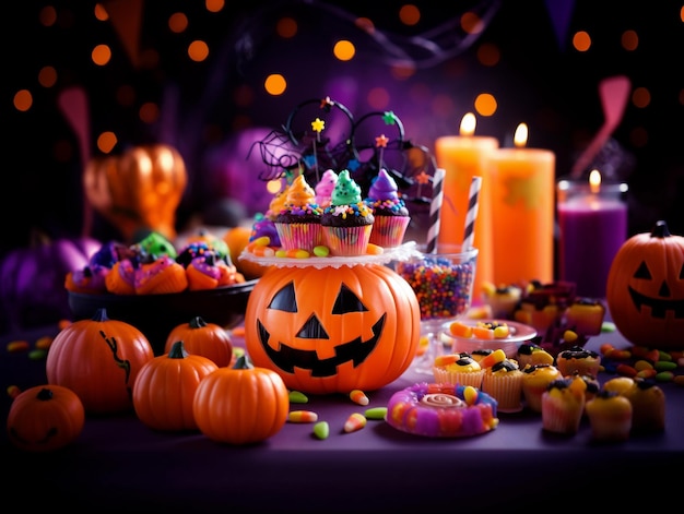 Trick or treat party and Pumpkin JackOLantern surrounded by halloween decor