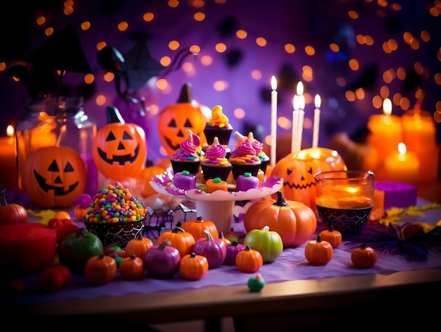 Trick or treat party and Pumpkin JackOLantern surrounded by halloween decor