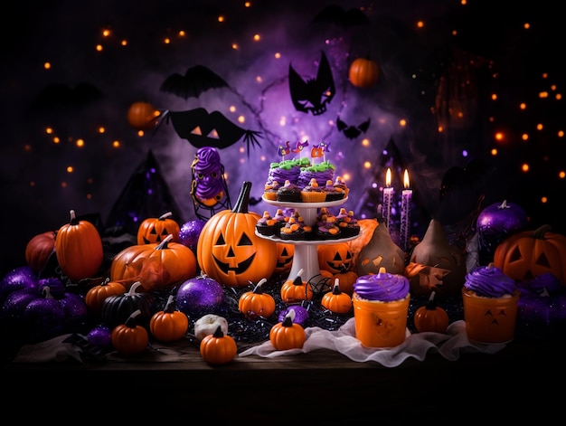 Trick or treat party and Pumpkin JackOLantern surrounded by halloween decor