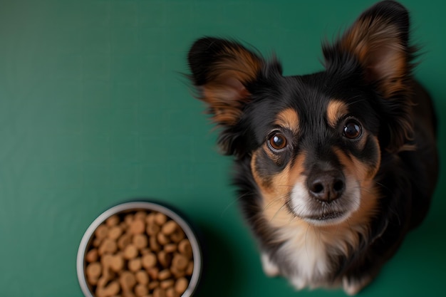 Tricolor Dog with Bowl on Green Background