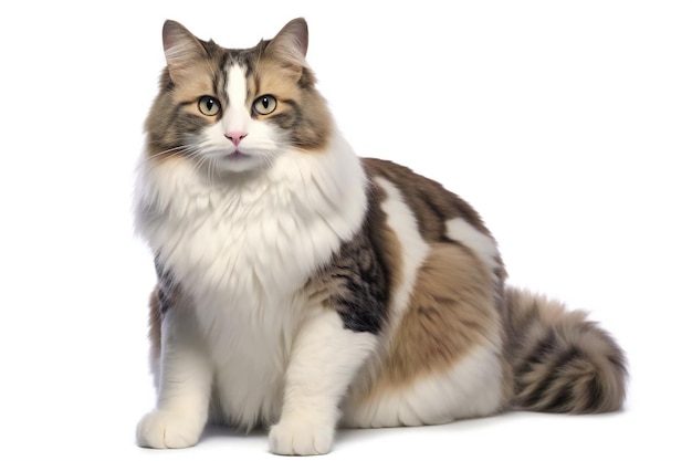 Tricolor Maine Coon cat in front of a white background