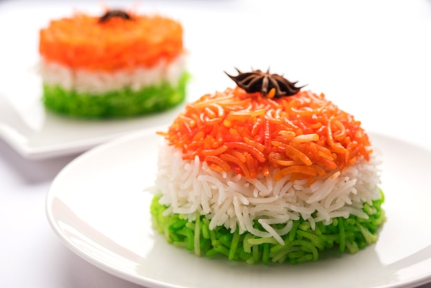 인도 공화국과 독립 기념일을 위한 삼색 티랑가 라이스, 세라믹 접시에 담긴 선택적인 초점