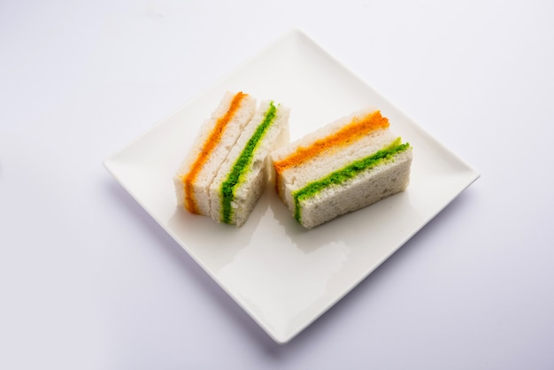 Tricolor Tiranga sandwich with orange and green chutney perfect picture for Indian republic or independence day greeting