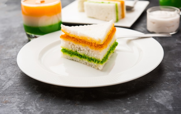 Tricolor Tiranga sandwich with orange and green chutney perfect picture for Indian republic or independence day greeting