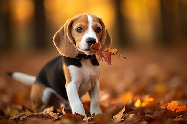 Tricolour beagle proudly holds autumn leaf with funny look and blurry background