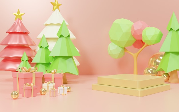 Tridimensional geometric podium for product presentation with trees and presents