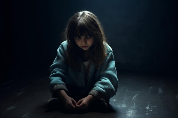 Triest depressief meisje zittend op de vloer op een donkere achtergrond donker licht kopieerruimte voor tekst