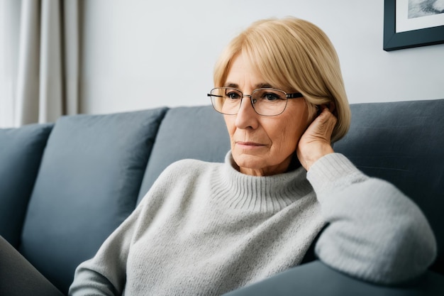 Triest moe ziek ziek eenzaam teleurgesteld blanke senior vrouw zittend op de bank