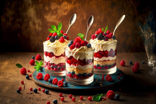 Легкий десерт с яркими ягодами и малиновым соусом на тарелках