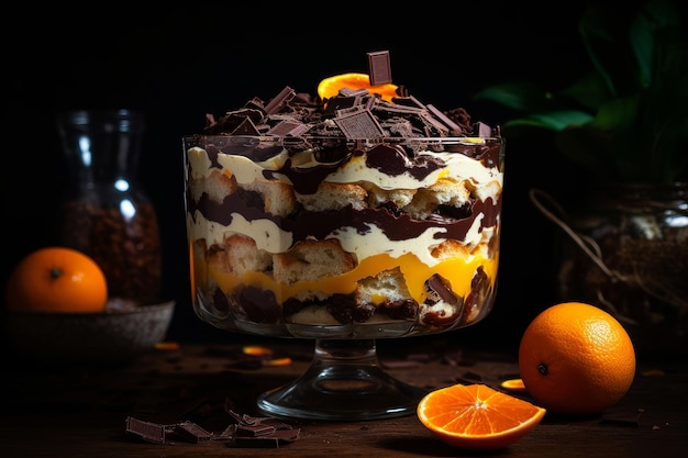 A trifle with oranges and chocolate on top