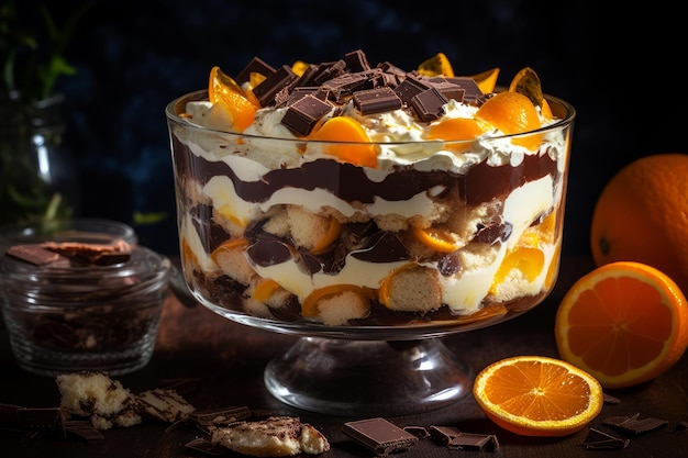 A trifle with oranges and chocolate on top