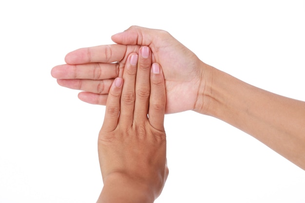 Photo trigger finger.woman stretching finger isolated on white background.