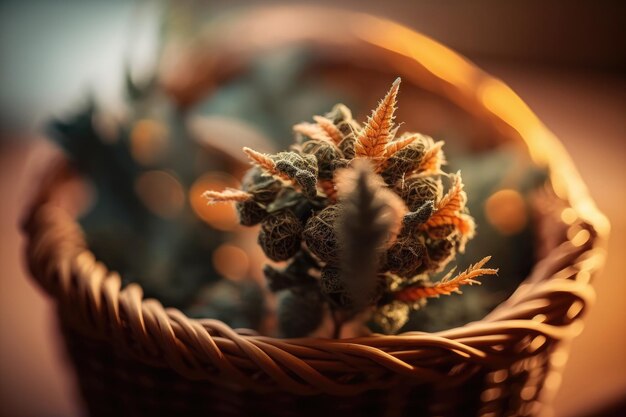 Photo trimmed cannabis or marijuana flower or buds in a basket macroscopic photography selective focus at close range therapeutic marijuana dope medical cannabis