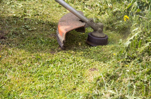 Trimmer or gasoline spit, which mow the grass. View from the side.