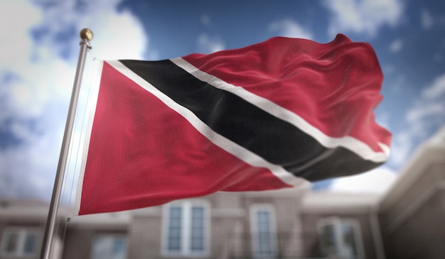 Trinidad and Tobago Flag 3D Rendering on Blue Sky Building Background 