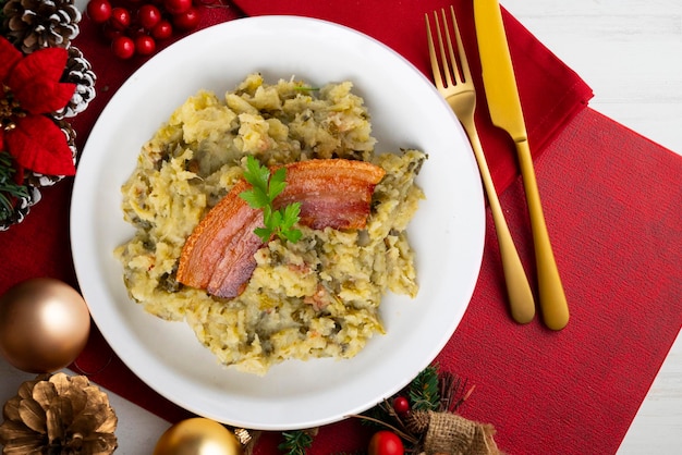 Trinxat de la Cerdaa Typical recipe from the north of Catalonia served on a christmas table