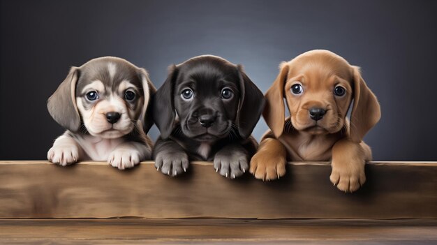 Trio of Adorable Puppies Peeking Over Wooden Barrier