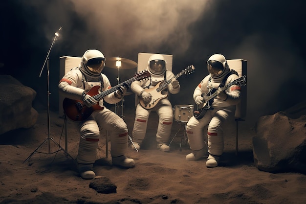 우주비행사 세 명이 달 표면에서 음악을 연주하고 있습니다.