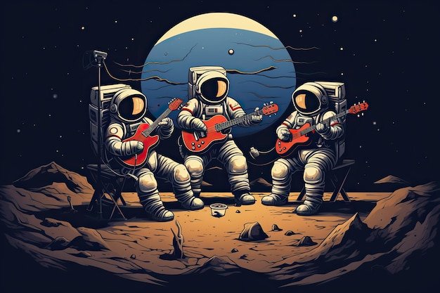 Трио астронавтов играет на лунной поверхности.