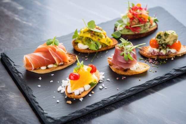 Trio of bruschettas with different toppings on a slate