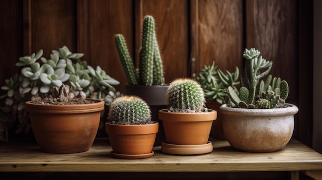 A trio of cacti in earthy toned pots grouped togethe AI generated