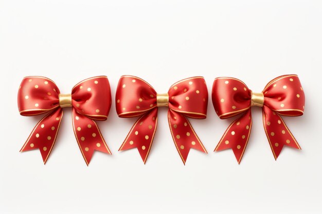 Photo trio of festive red bows with gold dots on white or png transparent background