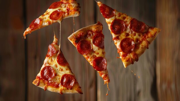 Photo a trio of flying pizza slices with pepperoni ai generated illustration