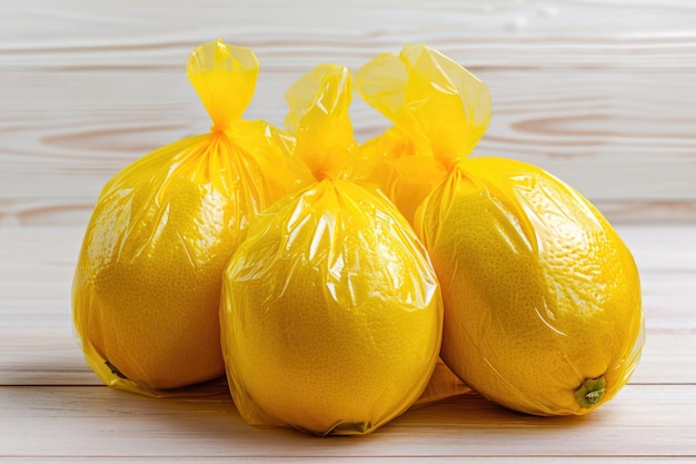 Trio of fresh lemons in a food storage bag on a light wood background