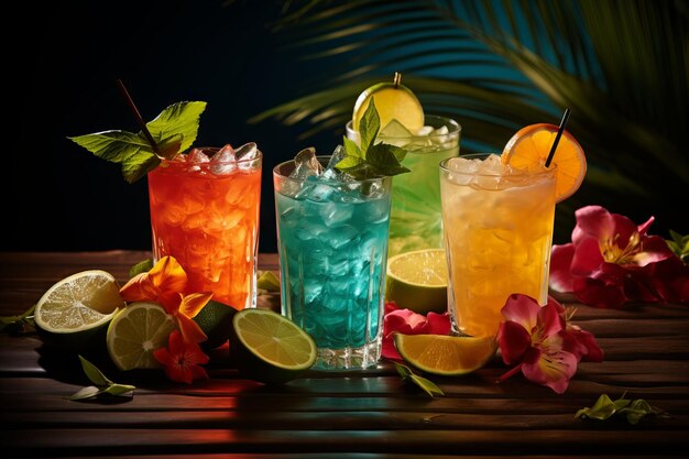 A trio of fruity alcoholic drinks on top of a table