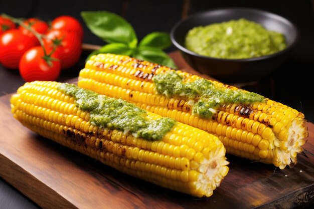 Trio of grilled corn cobs on a slate platter