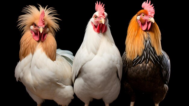 A trio of hens with vibrant plumage