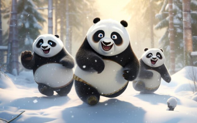 Photo a trio of jovial pandas sliding down a snowy hill generated by ai