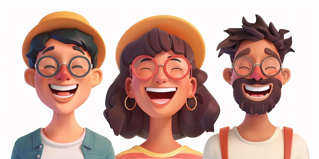 Photo a trio of joyful 3d portraits featuring animated female and male figures on a blank canvas