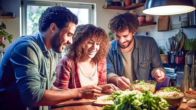 Photo trio laughs preps salad together