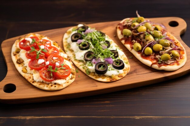 A trio of mini flatbread pizzas with different toppings on a long wooden board