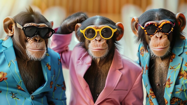 A trio of monkeys in colorful suits and sunglasses pose with confidence and swagger