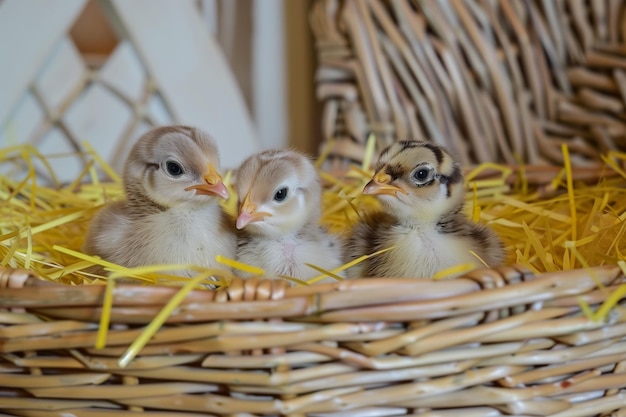 Фото Трио цыплят в плетеной корзине с желтой соломинкой