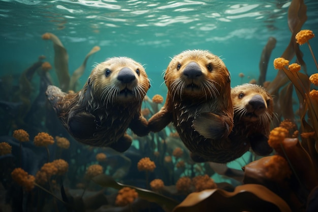 A trio of playful sea otters floating on their bac 00221 03