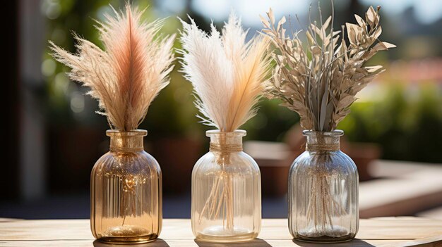 A trio of small vases with buds on a table with tropical greenery and pampas grass Generated by AI