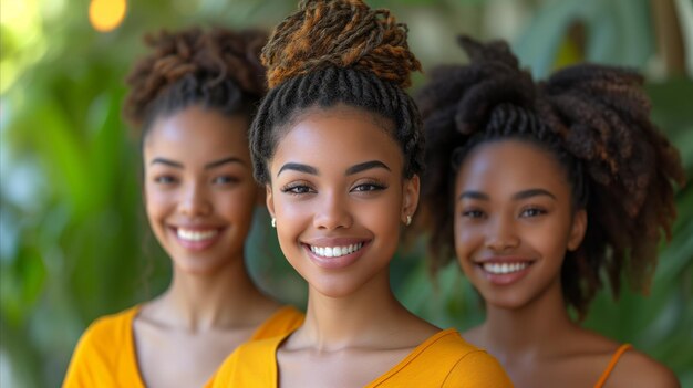 Трио улыбающихся молодых женщин в желтых нарядах