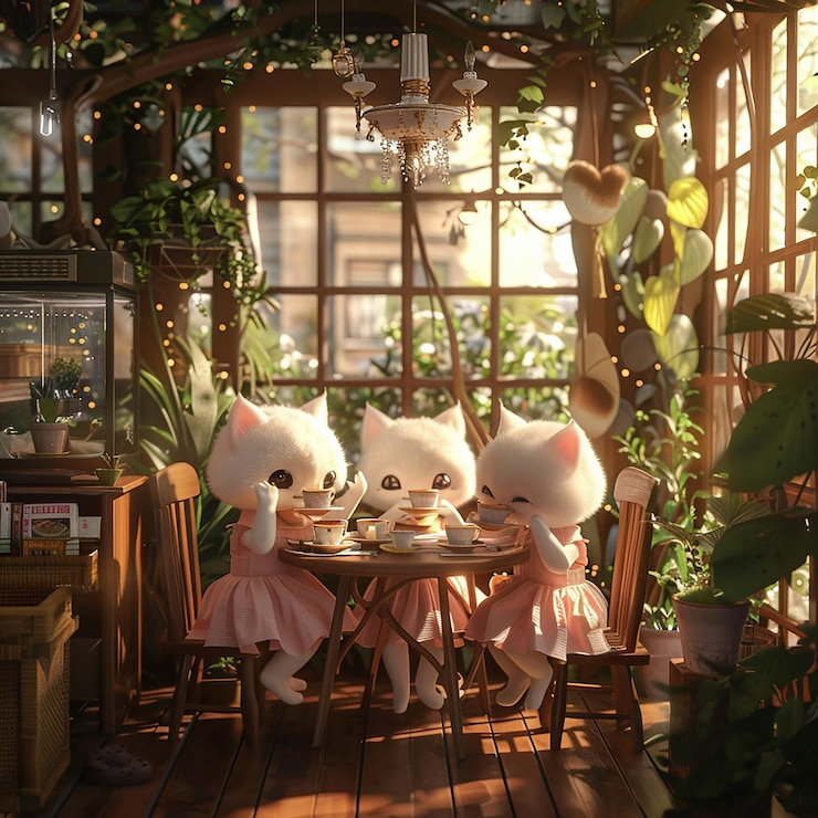 Photo a trio of three cute white cats wearing pink dresses drinking tea together at a cozy cafe with wood