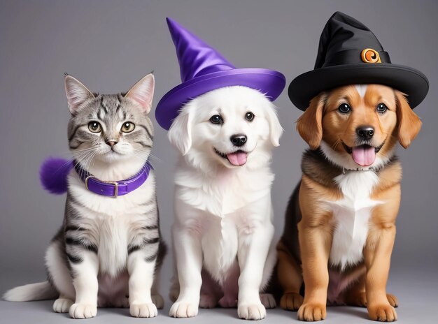 Trio van bedriegers, twee schattige pups en een katje klaar met heksenhoeden voor Halloween