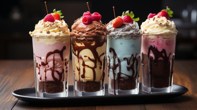 Foto trio van chocolade aardbeien en vanille ijs milkshakes met munt en frambozen