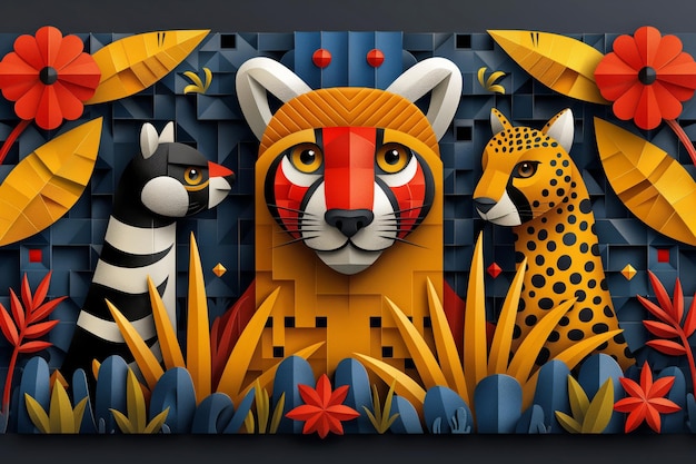 Trio van gestileerde jungle dieren in levendige geometrische patronen